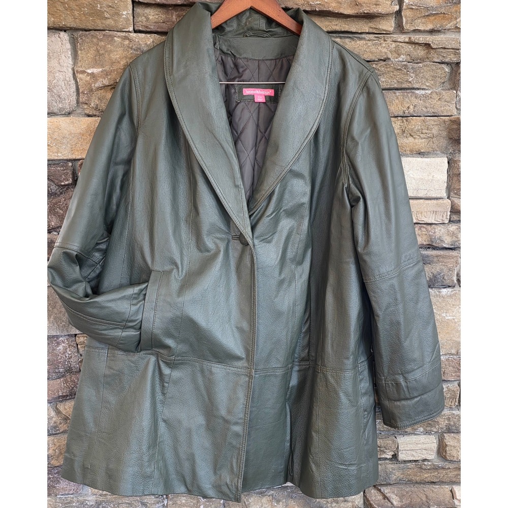 VTG Retro Minimalist Olive Green Leather Coat Shawl Collar Quilted Lining 16W